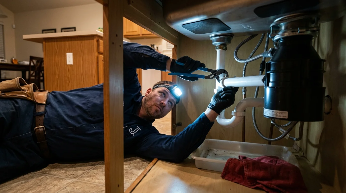 P-trap and supply line connections under a kitchen sink showing a common leak point in Huron, CA